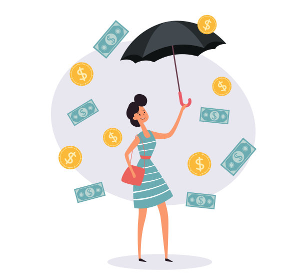 上班族性格撑伞站在钱雨下。矢量平面卡通插图图片下载