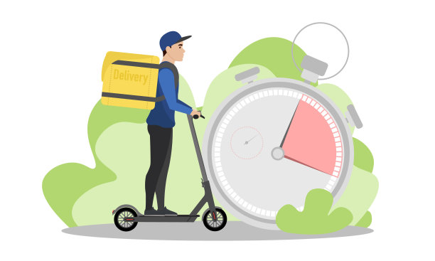 快递员插图。一个年轻人背着背包骑着电动滑板车。快速交付。送货服务。图片下载
