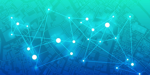 数字技术未来互联网网络连接蓝绿色背景，抽象云网络信息通信，人工智能大数据，创新未来科技，线点插画三维矢量图片下载