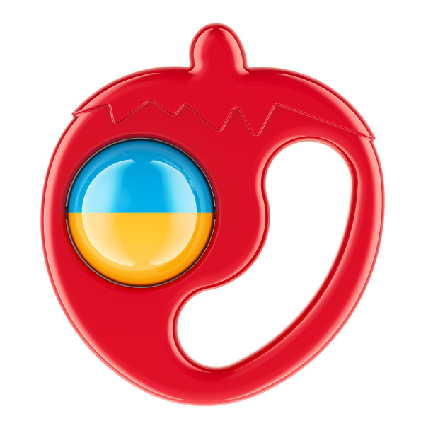 红色婴儿摇铃，草莓形状的婴儿摇铃。三维渲染图片下载