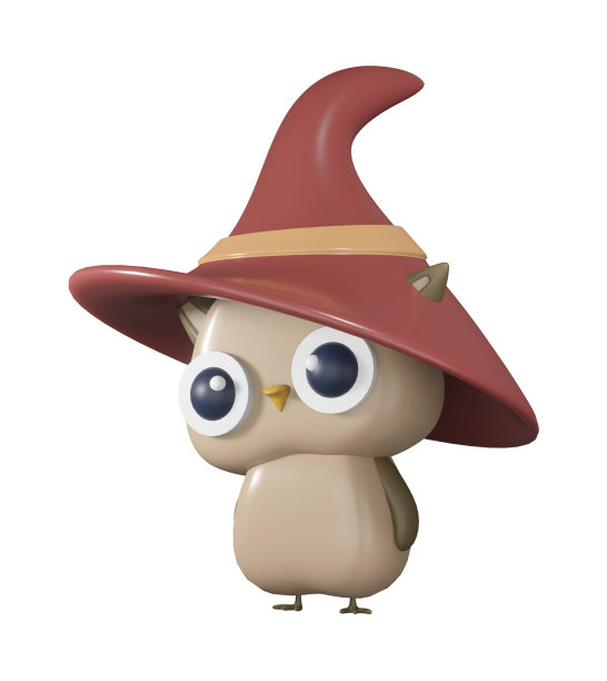 3D插图渲染人物鸟米色猫头鹰在透明的背景上棕色帽子图片下载