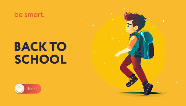 返校网页横幅，黄色背景。背着书包的小男孩。矢量图图片下载