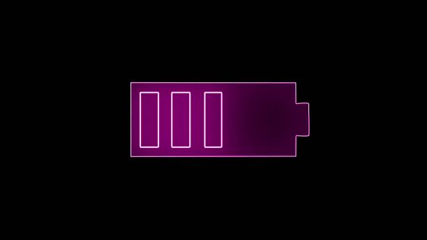 霓虹灯电池在黑暗中发光。充电器相位示意图。简单的平面图标集。电池负载图标，电池充电标志和符号。图片下载