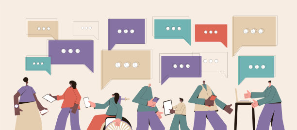 在线交流概念。数字信息技术。有手机、平板电脑、笔记本电脑的人。男女皆可，穿着便服，带着小玩意。矢量插图。图片下载