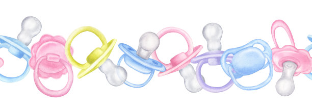 无缝边界婴儿男孩女孩奶嘴假人。粉红色，蓝色，紫色，绿色。手绘水彩插图孤立的白色背景。收集到新生儿，婴儿淋浴，性别揭秘派对图片下载