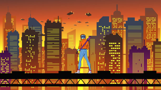 矢量后视图女性动漫赛博朋克雇佣兵与城市天际线背景矢量插图图片下载