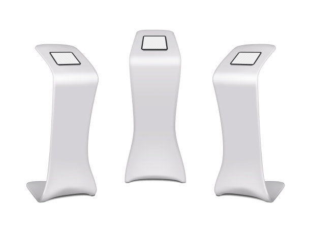 展览平板讲台与透明屏幕样机。空白数字显示矢量模型。设计模板图片下载