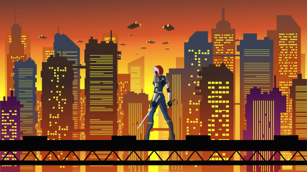 矢量后视图女性动漫赛博朋克雇佣兵与城市天际线背景矢量插图图片下载