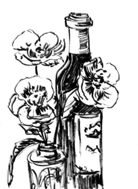 瓶中酒与花，图文黑白单色绘制图片下载