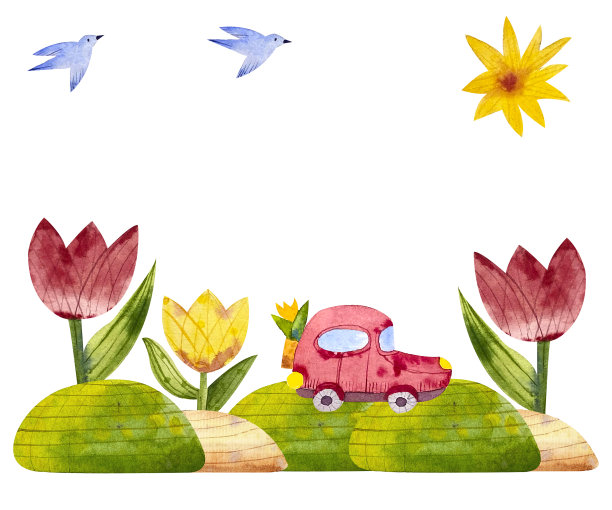 卡通水彩夏日风景插画。可爱的纹理与童话般的汽车。图片下载