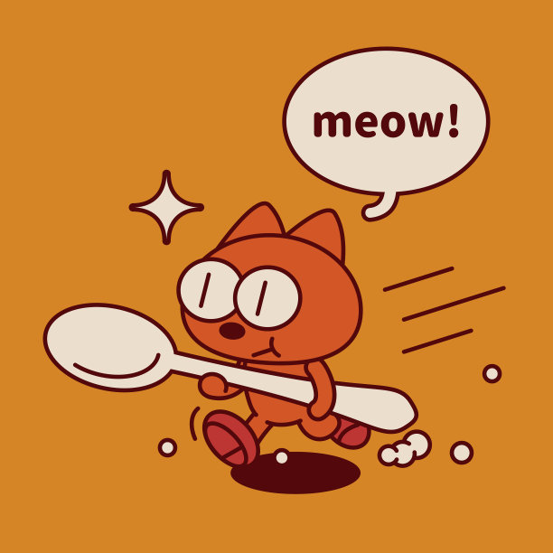 一只古怪可爱的小猫拿着一个大勺子跑着图片下载