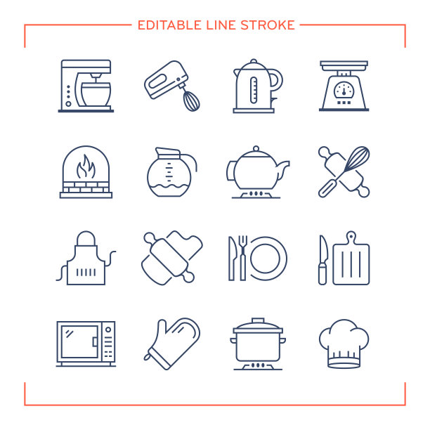 厨房用具的可编辑线条图标图片下载