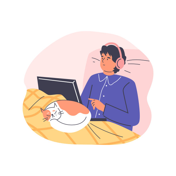 自由职业者的生活方式的好处，矢量自由职业者工作放松的笔记本电脑躺在床上毯子下的猫图片下载
