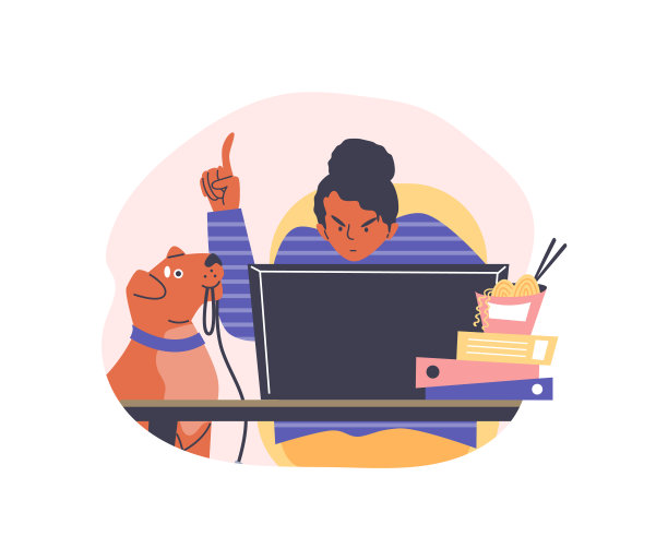 自由职业者的生活方式，从家里带宠物远程工作的好处，矢量妇女工作或学习在笔记本电脑与狗图片下载