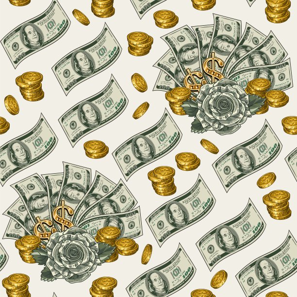 货币图案为100美元钞票、硬币的扇形图片下载