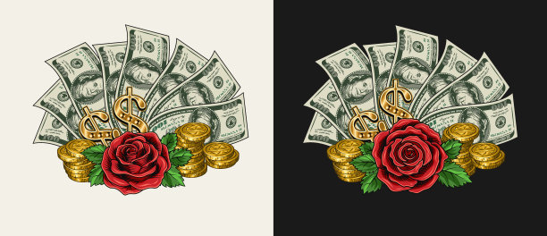 100美元钞票上扇着红玫瑰硬币图片下载