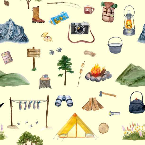 水彩探险露营无缝图案图片下载