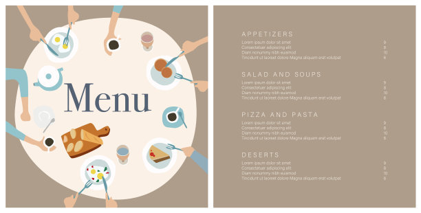 食物菜单和餐厅传单模板。矢量食物菜单模板与可爱的插图和文字的地方。快餐，健康食品，传单设计，简单，极简主义。图片下载