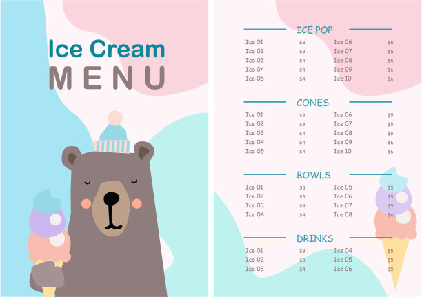 冰淇淋菜单，儿童菜单。可爱的彩色儿童餐菜单矢量模板与彩色有趣的图片和地方为您的文字图片下载
