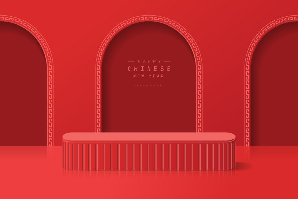 现实的红色3D圆形讲台基座与拱门背景和中国图案。最小场景的产品模型，演示。推广阶段和春节快乐。图片下载