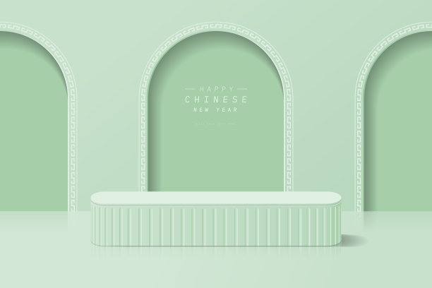 逼真的绿色3D圆形讲台基座与拱门背景和中国图案。最小场景的产品模型，演示。推广阶段和春节快乐。图片下载