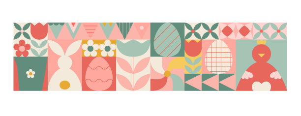 抽象复活节几何横幅，墙面艺术。可爱的快乐复活节矢量海报与明亮的兔子，鸡蛋，春天的郁金香。图片下载