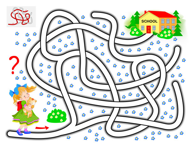 逻辑益智游戏与迷宫的儿童。帮助那个小女孩找到去学校的路。儿童脑筋急转弯书可打印的工作表。矢量卡通图像。图片下载