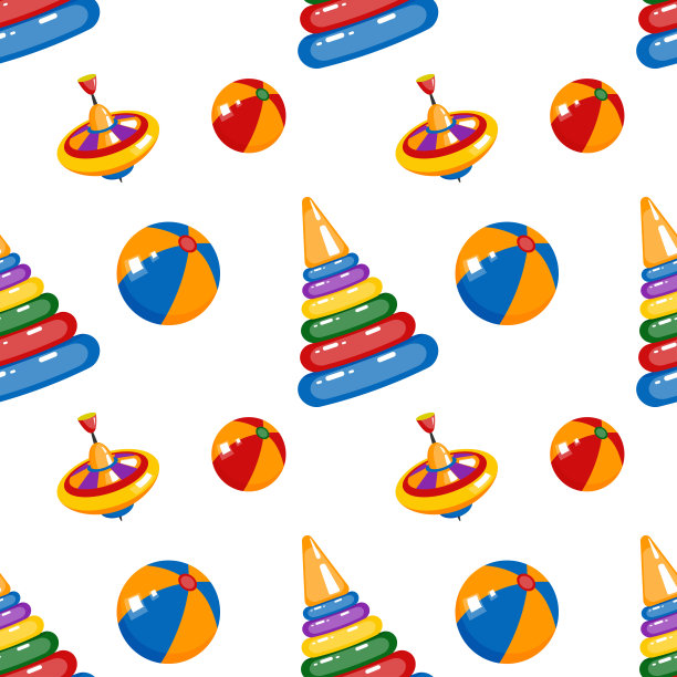矢量无缝模式的玩具球，旋转和金字塔。明亮的儿童卡通印刷在白色的背景。图片下载