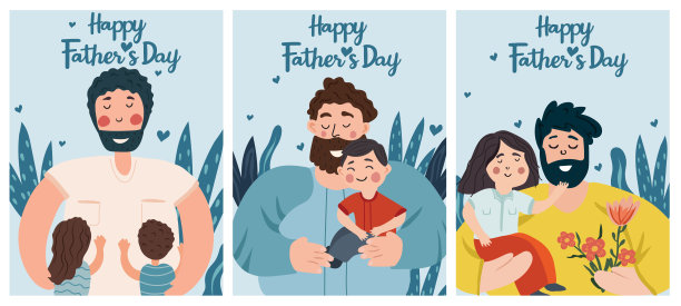 一系列以父亲节为主题的照片，展示了父亲与孩子的亲密和冒险。这些插图抓住了父爱的精髓。矢量插图。图片下载