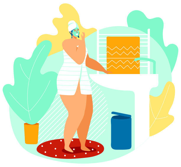 穿着白毛巾，戴着白帽子的金发女人在水疗中心放松，对着镜子检查自己的脸。快乐的女士享受在一个健康中心，被植物包围图片下载