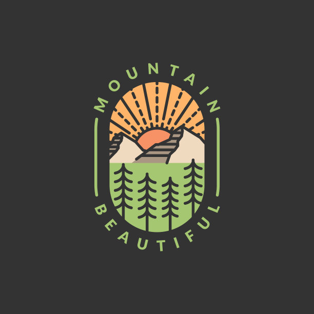 山冒险户外徽章矢量插图单线或线艺术风格图片下载