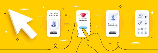 安全，芳香蜡烛和购物袋线图标包。用于web应用程序。手机屏幕模型。向量图片下载