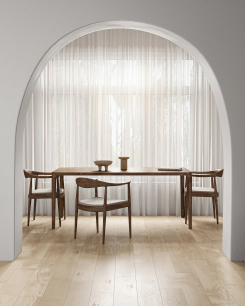 现代简约风格的木质内饰与窗户，拱门和餐桌背景。自然的设计。3 d渲染。高质量3d插图图片下载