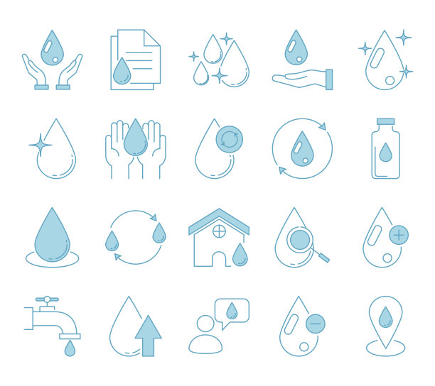 水线图标集。水滴，雨，波浪，水滴，水龙头，伞，露水，饮用水，瓶子，清洁，水等。孤立在白色背景上。矢量股票插图。图片下载