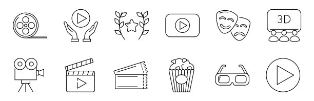电影院线图标集。视频，电影，电影院，星光大道，3d眼镜，3d电影，爆米花，门票，面具，掌声，视觉，饮料。矢量股票插图。图片下载
