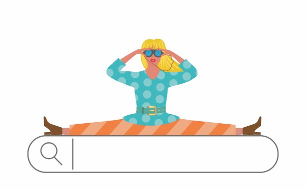 网络搜索，带着望远镜的时髦女人。孤立。矢量插图。图片下载