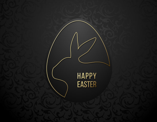 复活节快乐贺卡用金线蛋形画框，复活节兔子剪影。复活节兔子的标志。黑色花卉图案背景和金色复活节快乐的文字。简约现代横幅图片下载