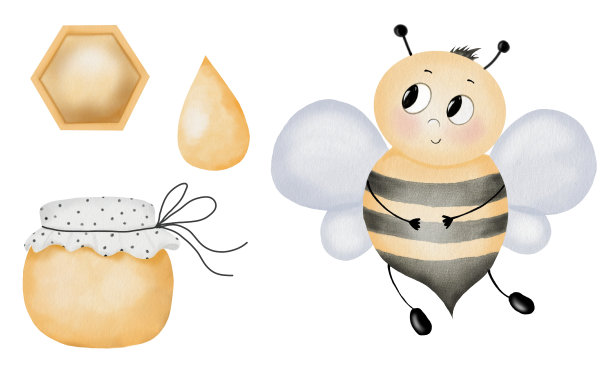 蜜蜂和蜂蜜水彩手绘集在孤立的背景。为世界蜂蜜和养蜂人日设计横幅和卡片的卡通图案:蜂巢和一罐蜂蜜。蜂蜜店设计。图片下载