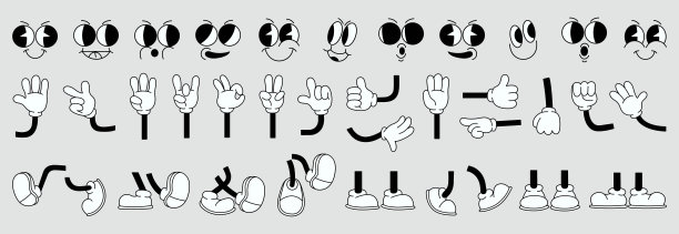 一组70年代groovy漫画面孔矢量。收集卡通人物的脸，腿，手在不同的情绪高兴，生气，悲伤，开朗。可爱的复古时髦的装饰，贴纸嬉皮士插图图片下载