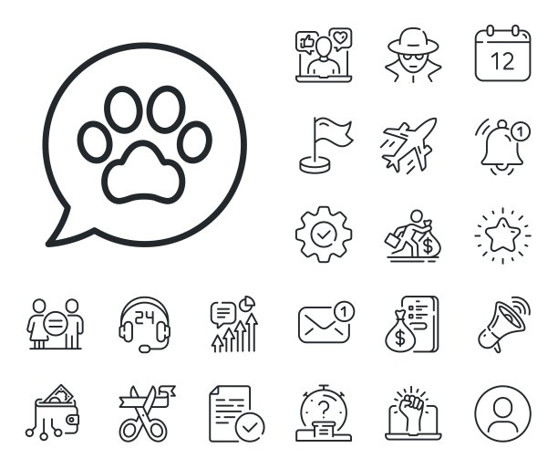 宠物护理线图标。兽医诊所泡泡标志。工薪族，性别平等，警铃响。向量图片下载