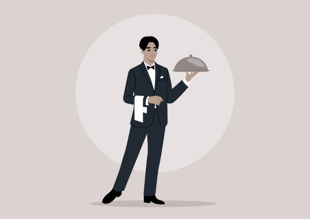 一位优雅的服务员，穿着时髦的黑色燕尾服，手上披着一张餐巾，优雅地端上一盘盖着金属挂钟的盘子图片下载