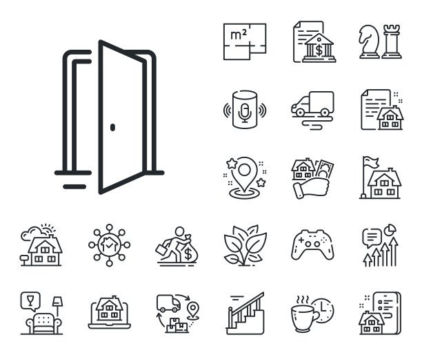开门线图标。入口门口标志。平面图、楼梯和休息室。向量图片下载