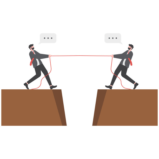 两个西装革面的商人在悬崖边拉绳子，象征着对抗、竞争、冲突的拔河矢量插画图片下载