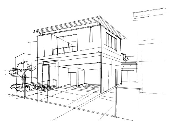 绘制建筑内外线。在建筑和室内设计工作中的平面组装。为室内或室外设计构思草图。图片下载