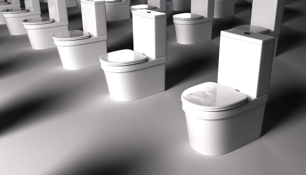 高角度侧视图将一组卫生间排成一排，以黑白立体渲染图像图片下载