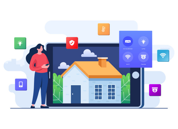 智能家居应用理念，家庭自动化，女性用智能手机控制空调，远程家庭控制技术，具有无线集中控制的家居技术系统图片下载