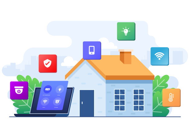智能家居应用概念扁平化说明，家庭自动化，使用笔记本电脑控制家庭设备，远程家庭控制技术，采用无线集中控制的家庭技术系统图片下载