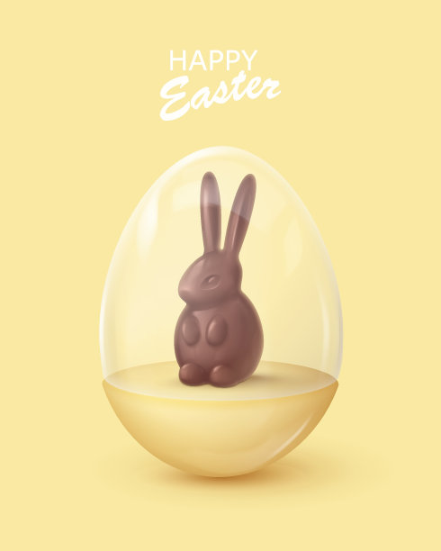 现实有光泽的黄色鸡蛋与玻璃圆顶和巧克力兔子，兔子，创意盒，情况。复活节快乐海报。矢量插图卡，党，设计，传单，横幅，网络，广告图片下载