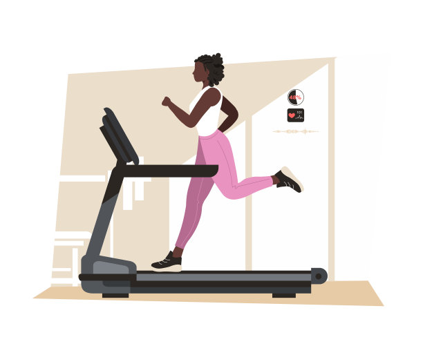 在跑步机上跑步的女人，概念图。运动，锻炼，锻炼，健康的生活方式，有氧运动。非裔美国女性角色在跑步机上跑步。现代矢量插图。图片下载