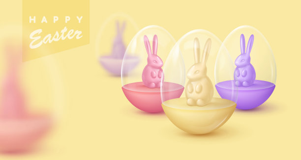 旗帜上有光滑的彩色鸡蛋和玻璃圆顶，黄色背景上的兔子坐在里面。复活节快乐海报。矢量插图卡，党，设计，传单，横幅，网络，广告图片下载